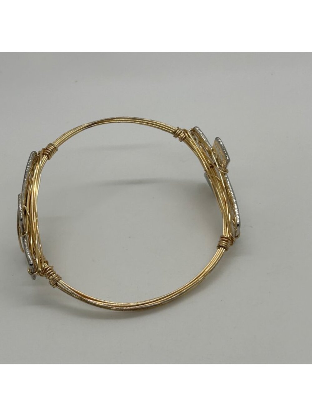 Mixed Metal Bracelet Gold Tone Wire Wrapped Silver Tone Cross Bangle Religious - Picture 10 of 12